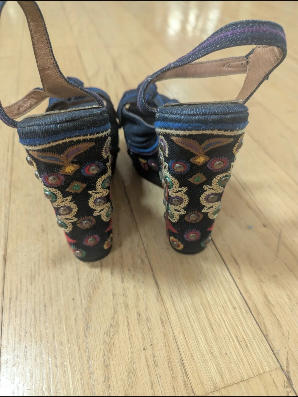 Sam Edelman Rylee Dark Blue Embroidered Denim Platform Sandals 4.5 5